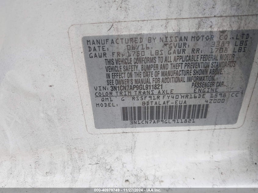 2016 NISSAN VERSA 1.6 S - 3N1CN7AP9GL911821