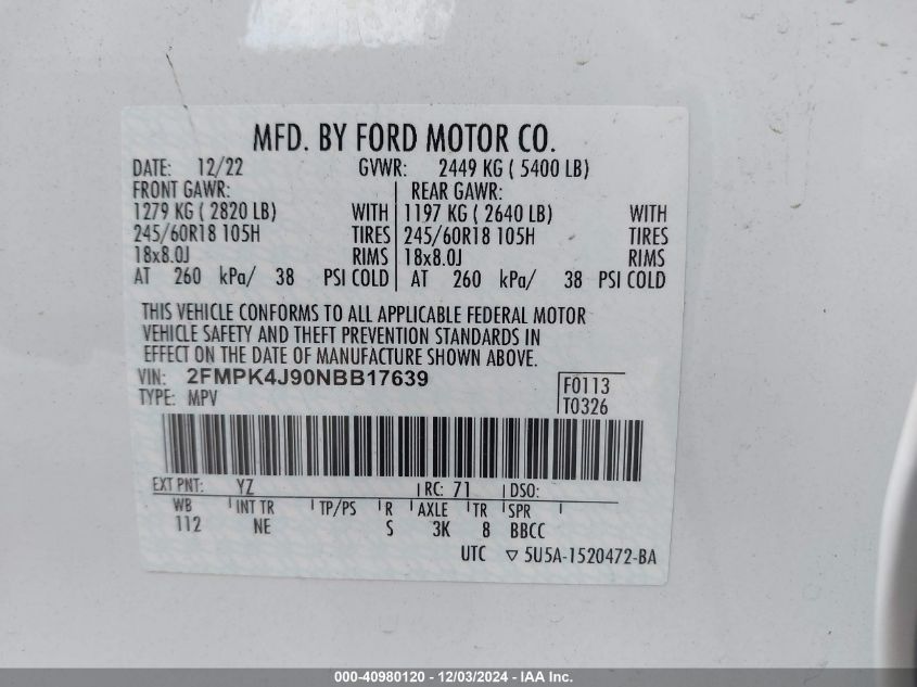 VIN 2FMPK4J90NBB17639 2022 Ford Edge, Sel no.9