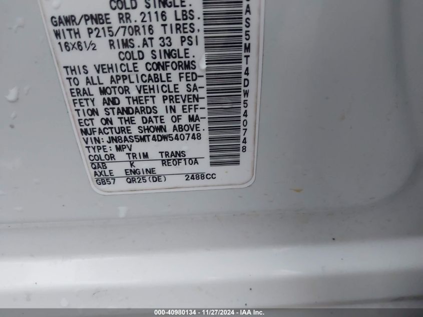 VIN JN8AS5MT4DW540748 2013 Nissan Rogue, S no.9