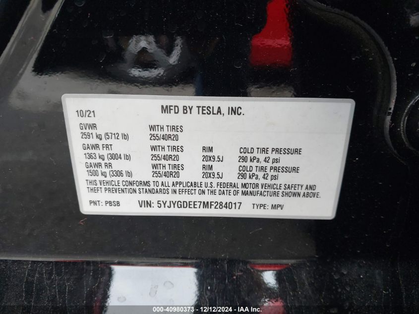 2021 Tesla Model Y Long Range Dual Motor All-Wheel Drive VIN: 5YJYGDEE7MF284017 Lot: 40980373