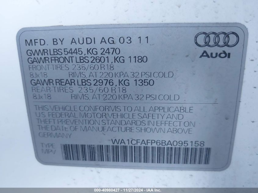 2011 Audi Q5 2.0T Premium VIN: WA1CFAFP6BA095158 Lot: 40980427