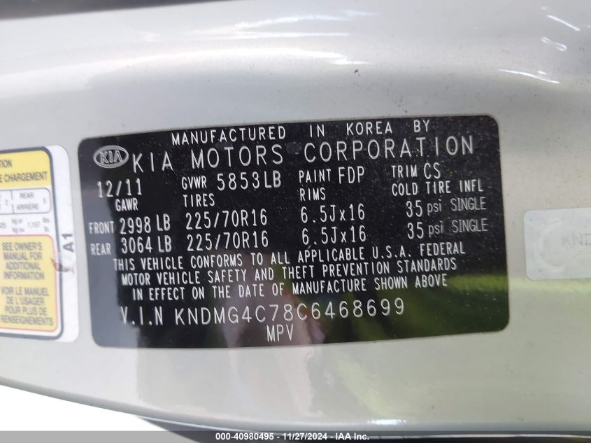 2012 Kia Sedona Lx VIN: KNDMG4C78C6468699 Lot: 40980495