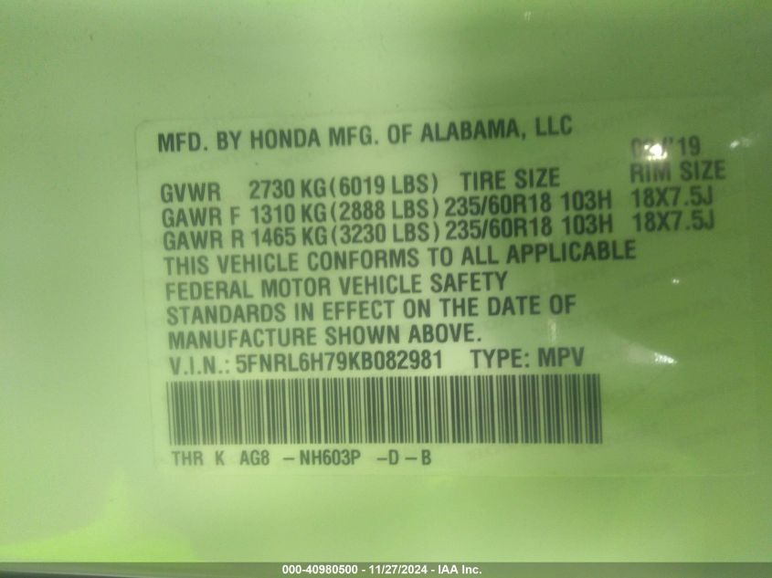 VIN 5FNRL6H79KB082981 2019 Honda Odyssey, Ex-L no.9