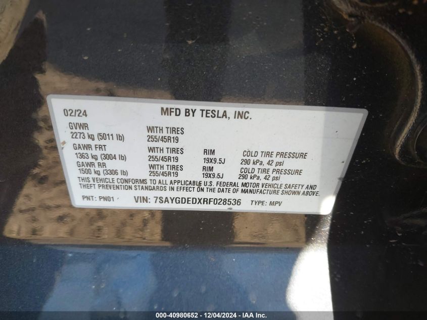 VIN 7SAYGDEDXRF028536 2024 Tesla Model Y, Long Rang... no.9