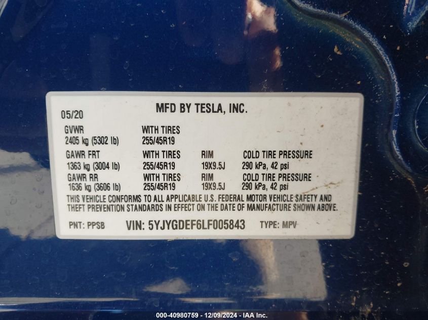 2020 TESLA MODEL Y - 5YJYGDEF6LF005843