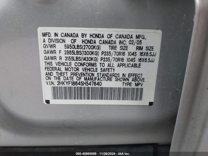 2005 Honda Pilot Ex-L VIN: 2HKYF18645H547640 Lot: 40980859