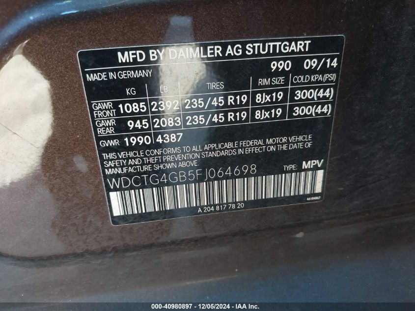 VIN WDCTG4GB5FJ064698 2015 Mercedes-Benz GLA 250, 4... no.9