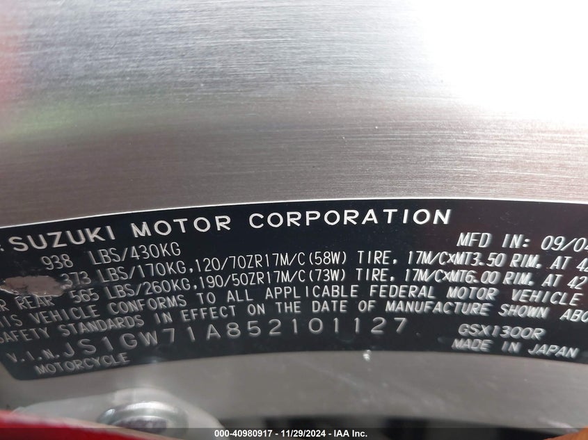 2005 SUZUKI GSX1300 RK5 JS1GW71A852101127