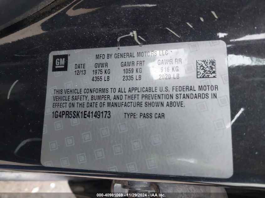 VIN 1G4PR5SK1E4149173 2014 Buick Verano, Convenienc... no.9