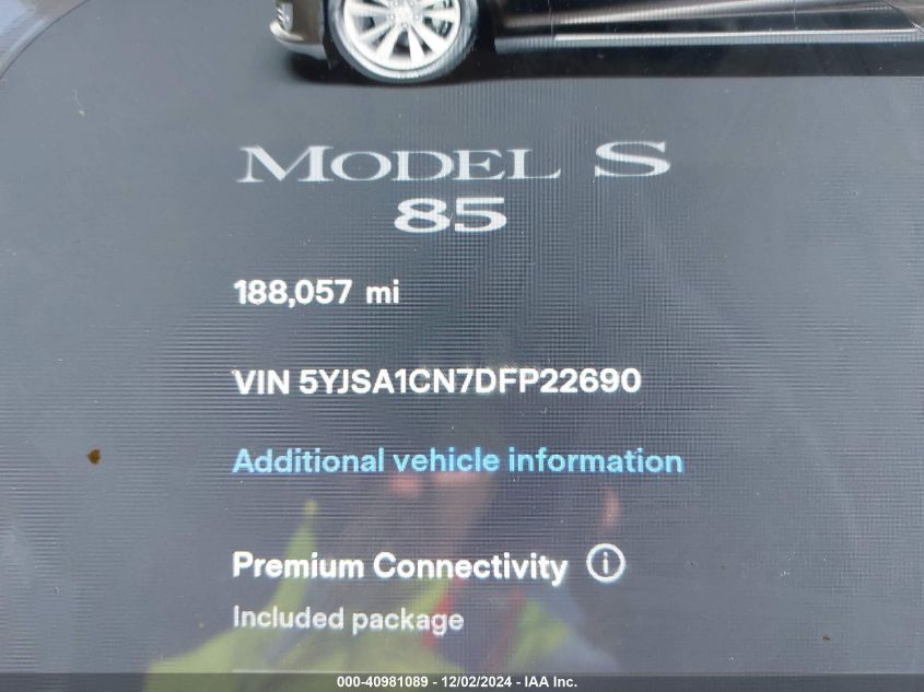 2013 Tesla Model S VIN: 5YJSA1CN7DFP22690 Lot: 40981089