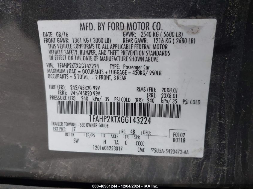 VIN 1FAHP2KTXGG143224 2016 Ford Taurus, Sho no.9