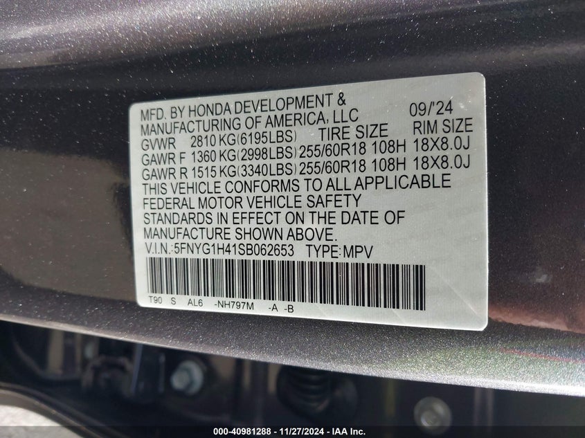 2025 HONDA PILOT VIN: 5FNYG1H41SB062653