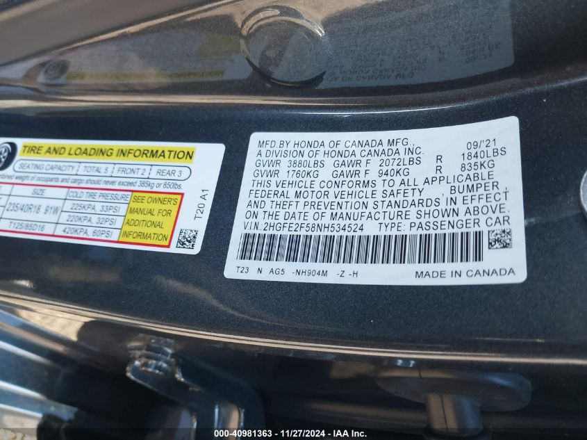 VIN 2HGFE2F58NH534524 2022 Honda Civic, Sport no.9