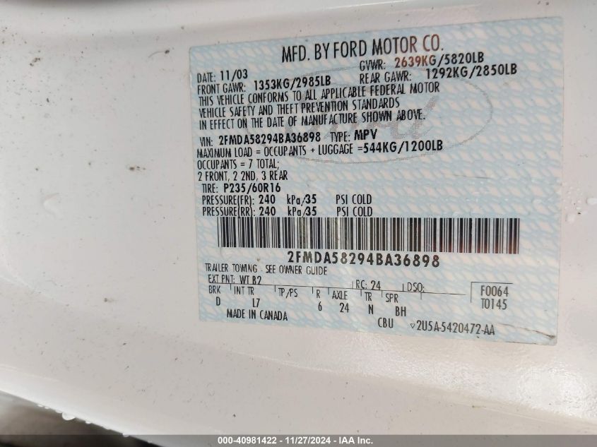 2004 Ford Freestar Limited VIN: 2FMDA58294BA36898 Lot: 40981422