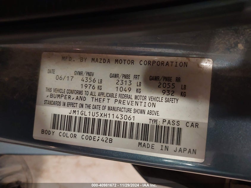 2017 MAZDA MAZDA6 VIN: JM1GL1U5XH1143061