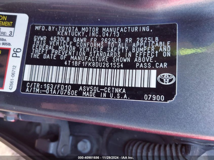 VIN 4T1BF1FK8DU261554 2013 Toyota Camry, LE no.9