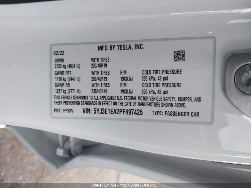 VIN 5YJ3E1EA2PF497425 2023 TESLA MODEL 3 no.9