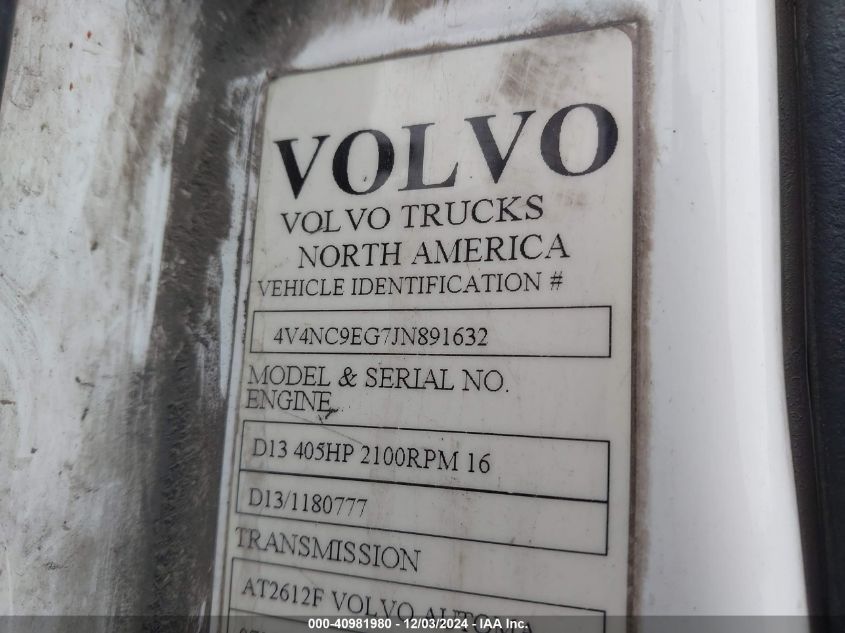 2018 Volvo Vnl VIN: 4V4NC9EG7JN891632 Lot: 40981980