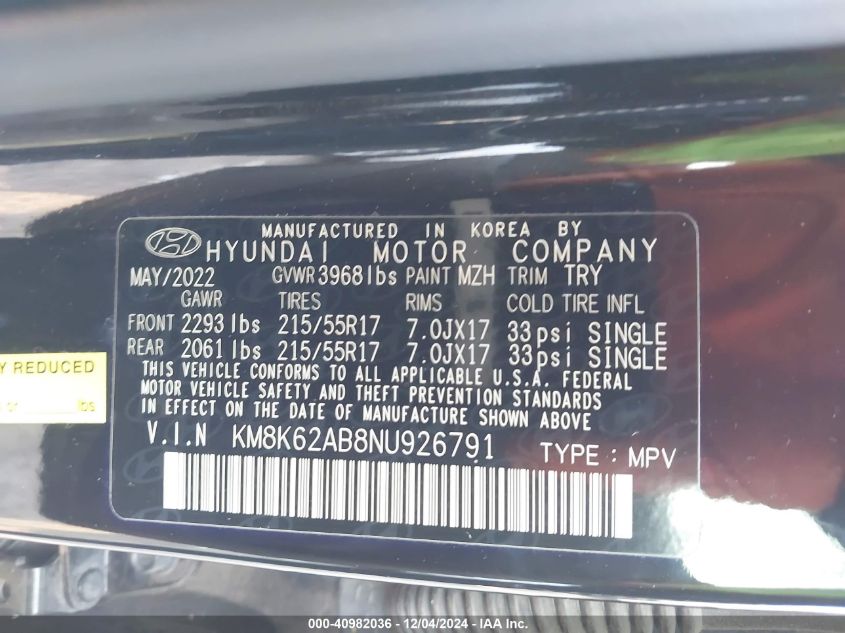 2022 Hyundai Kona Sel VIN: KM8K62AB8NU926791 Lot: 40982036