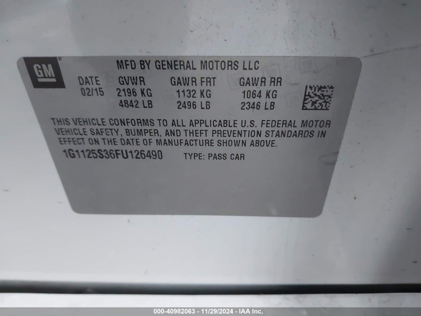 2015 CHEVROLET IMPALA VIN: 1G1125S36FU126490