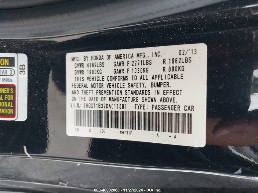 2013 HONDA ACCORD VIN: 1HGCT1B37DA011581