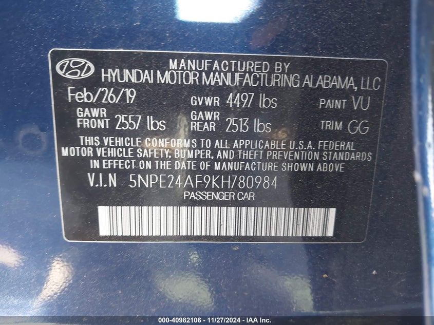 VIN 5NPE24AF9KH780984 2019 HYUNDAI SONATA SE