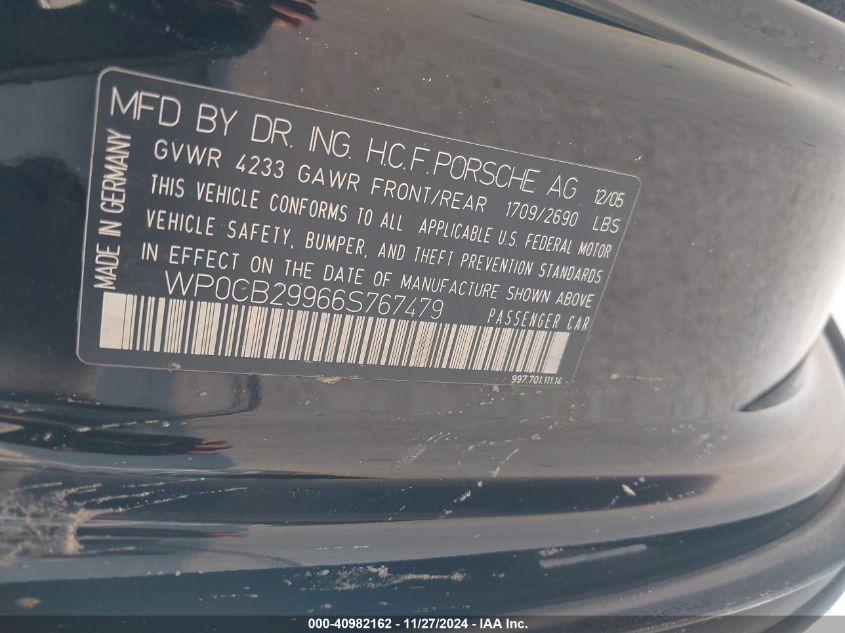 2006 Porsche 911 Carrera 4S/Carrera S VIN: WP0CB29966S767479 Lot: 40982162