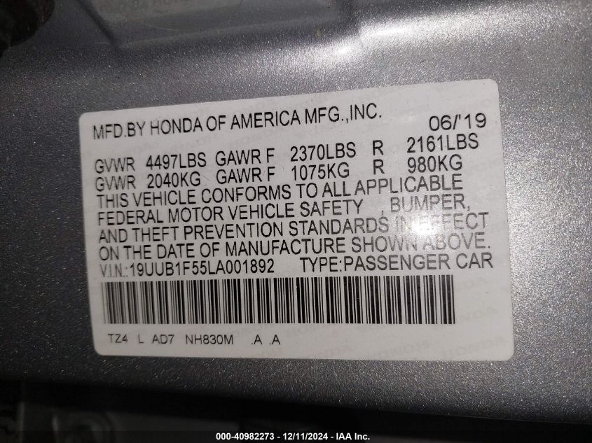 VIN 19UUB1F55LA001892 2020 Acura TLX, Tech Package no.9