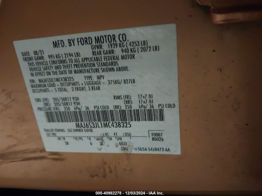 2021 Ford Ecosport Ses VIN: MAJ6S3JL1MC438325 Lot: 40982278