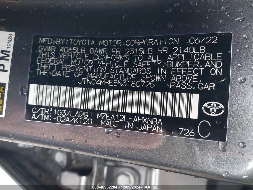 2022 TOYOTA COROLLA VIN: JTNC4MBE5N3180725