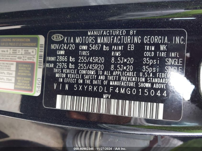 2021 Kia Sorento Sx VIN: 5XYRKDLF4MG015044 Lot: 40982345