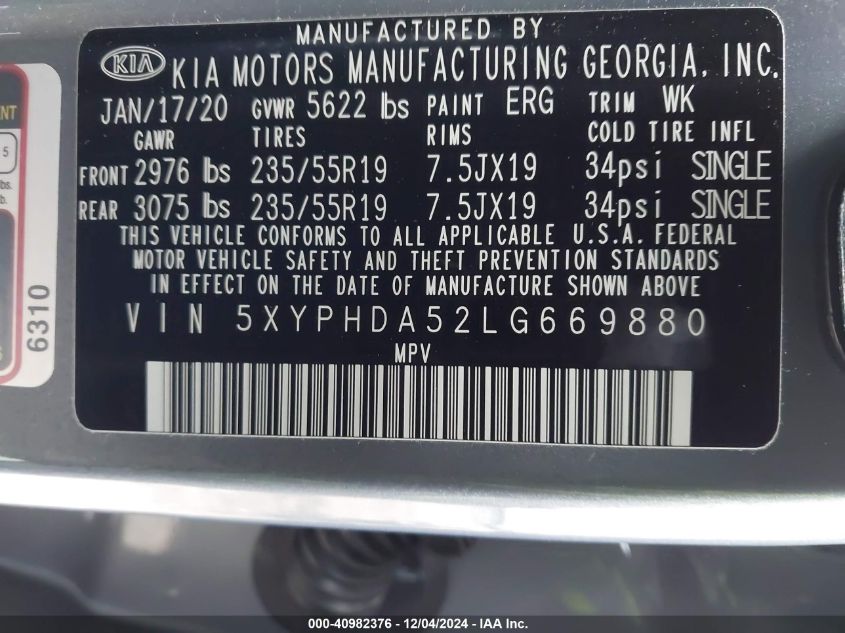 2020 Kia Sorento 3.3L Ex VIN: 5XYPHDA52LG669880 Lot: 40982376