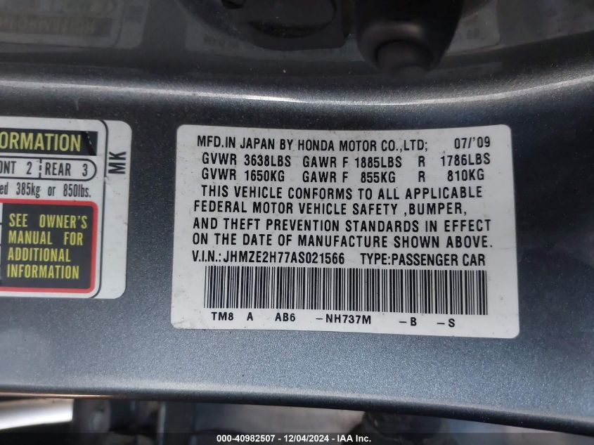 2010 Honda Insight Ex VIN: JHMZE2H77AS021566 Lot: 40982507