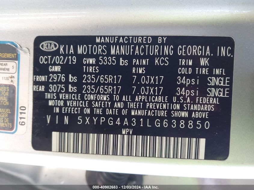 2020 Kia Sorento 2.4L L VIN: 5XYPG4A31LG638850 Lot: 40982683