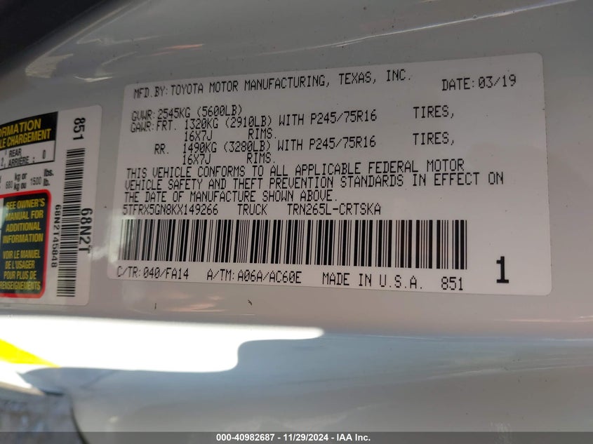 2019 TOYOTA TACOMA VIN: 5TFRX5GN8KX149266