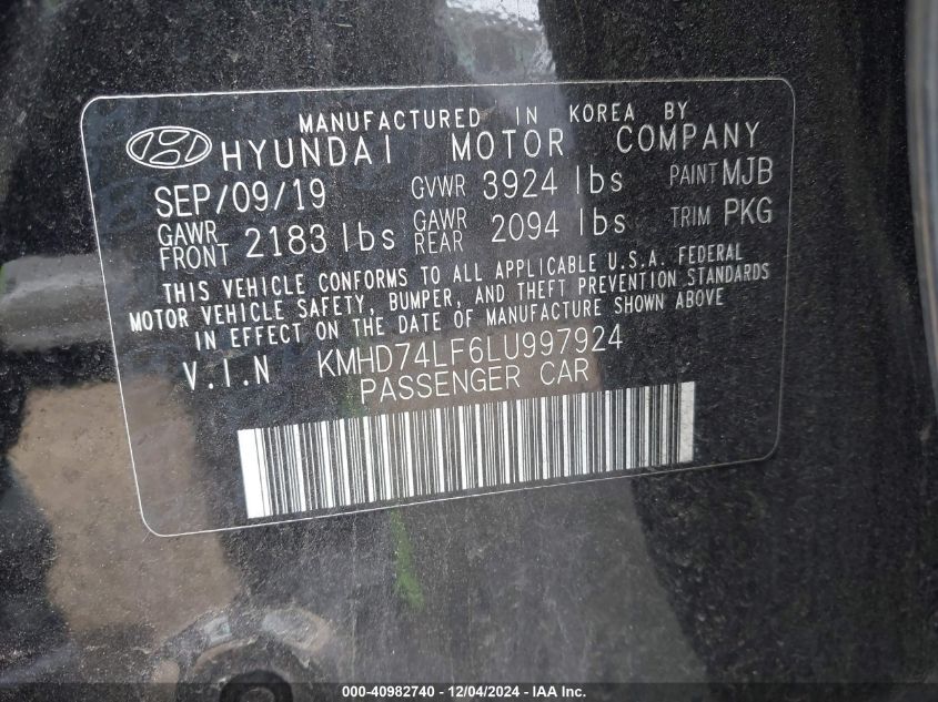 2020 Hyundai Elantra Se VIN: KMHD74LF6LU997924 Lot: 40982740