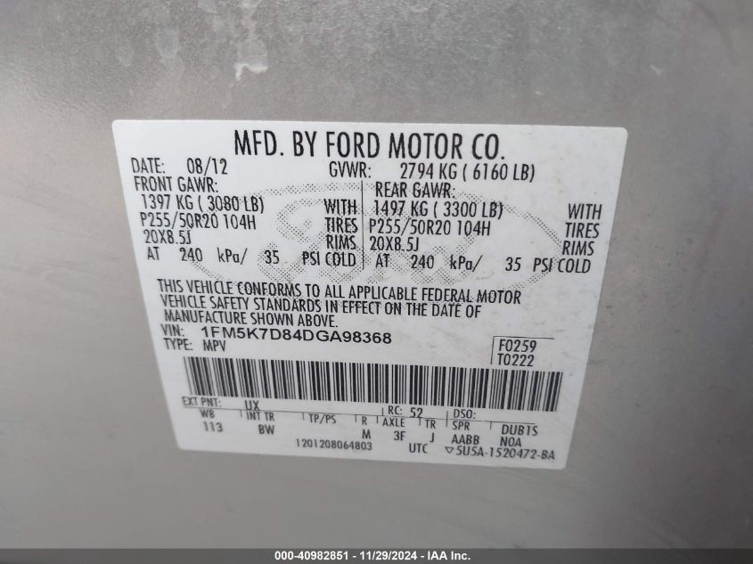 VIN 1FM5K7D84DGA98368 2013 Ford Explorer, Xlt no.9