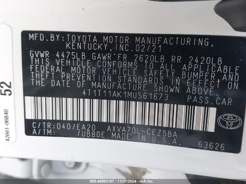 VIN 4T1T11AK1MU561673 2021 TOYOTA CAMRY no.9