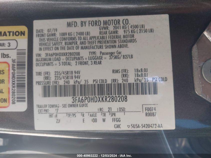 VIN 3FA6P0HDXKR280208 2019 FORD FUSION no.9