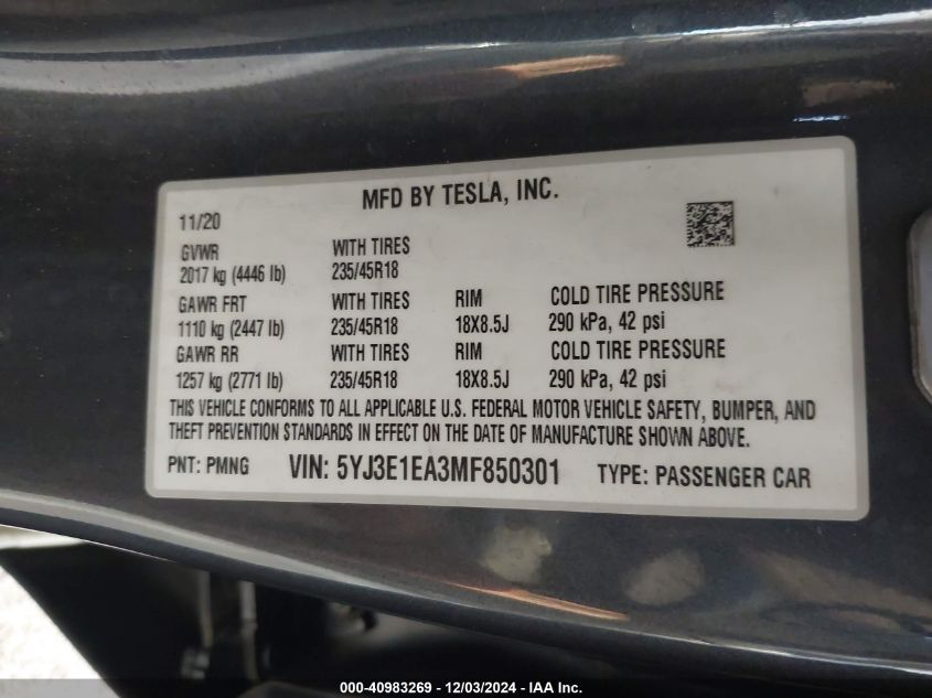 VIN 5YJ3E1EA3MF850301 2021 TESLA MODEL 3 no.9