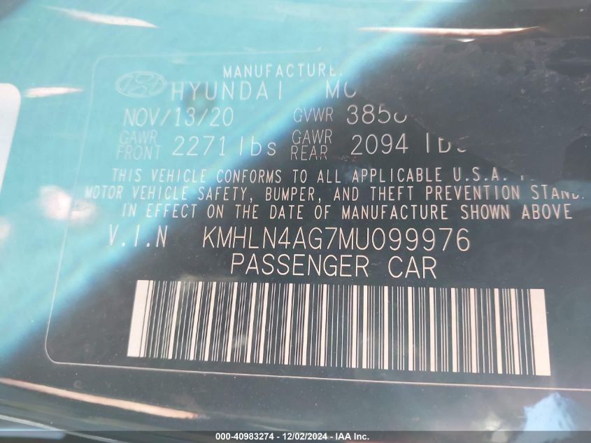 2021 Hyundai Elantra Sel VIN: KMHLN4AG7MU099976 Lot: 40983274