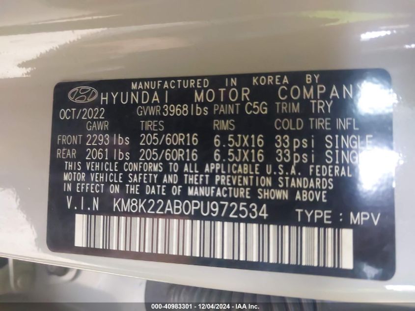 2023 Hyundai Kona Se VIN: KM8K22AB0PU972534 Lot: 40983301