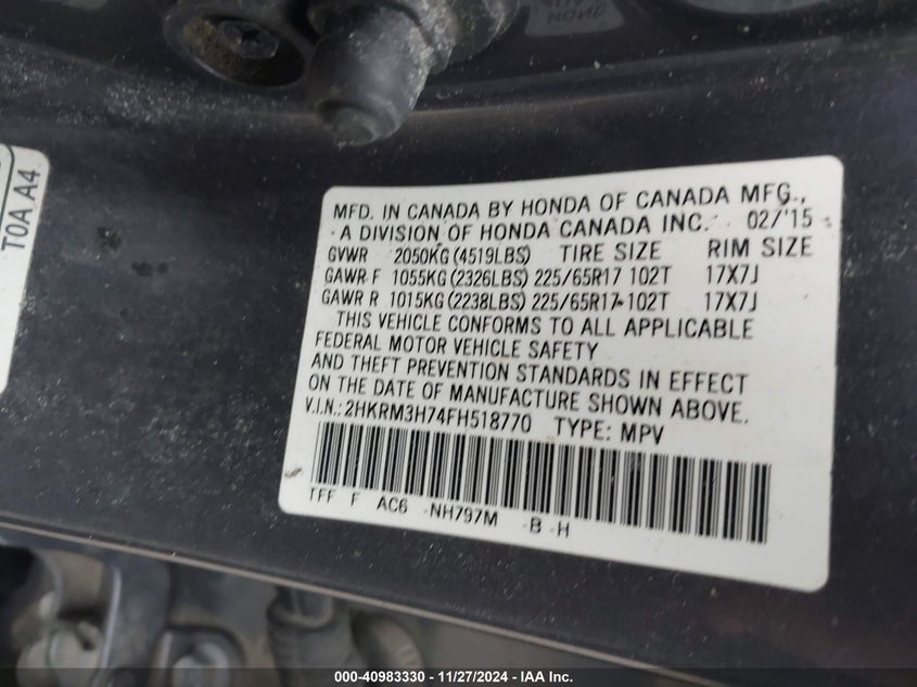 2015 HONDA CR-V EX-L - 2HKRM3H74FH518770