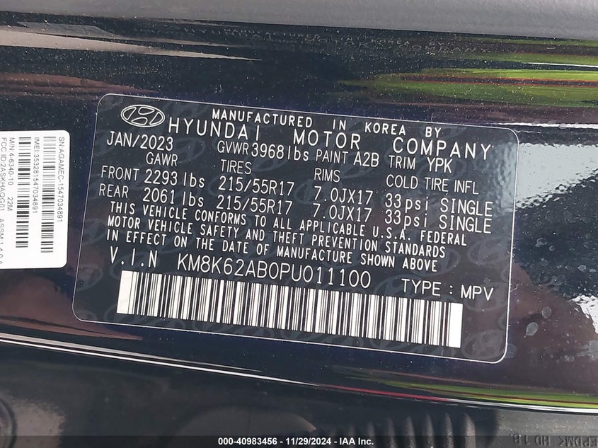 2023 HYUNDAI KONA 2.0L I-4 DOHC, VVT, (VIN: KM8K62AB0PU011100