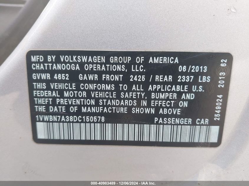 VIN 1VWBN7A38DC150578 2013 VOLKSWAGEN PASSAT no.9