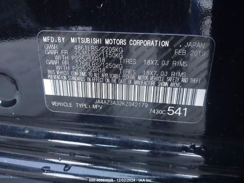 2019 Mitsubishi Outlander Sel VIN: JA4AZ3A32KZ042179 Lot: 40983529