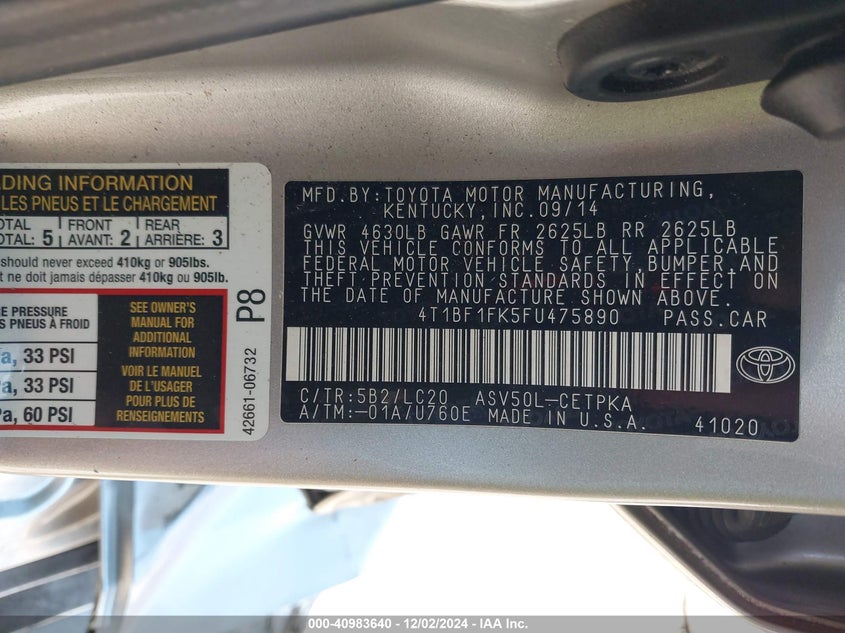 2015 TOYOTA CAMRY VIN: 4T1BF1FK5FU475890