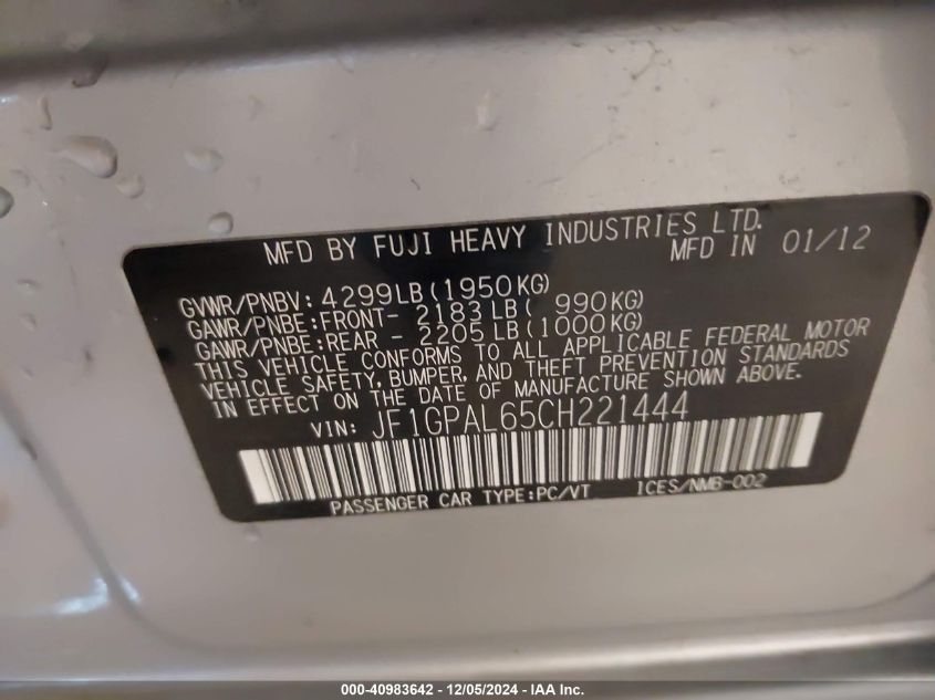 2012 Subaru Impreza VIN: JF1GPAL65C8221444 Lot: 40983642