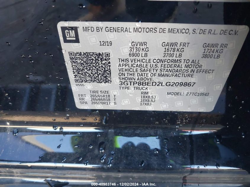 VIN 3GTP8BED2LG209867 2020 GMC SIERRA 1500 no.9