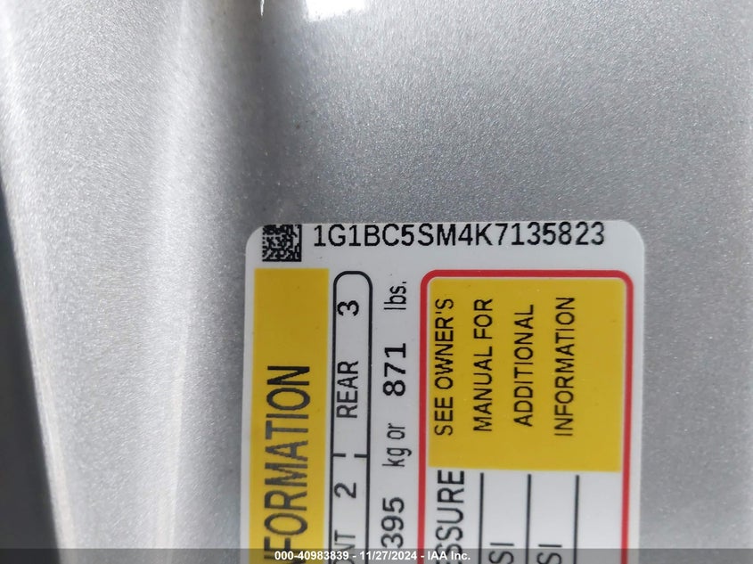 2019 CHEVROLET CRUZE VIN: 1G1BC5SM4K7135823
